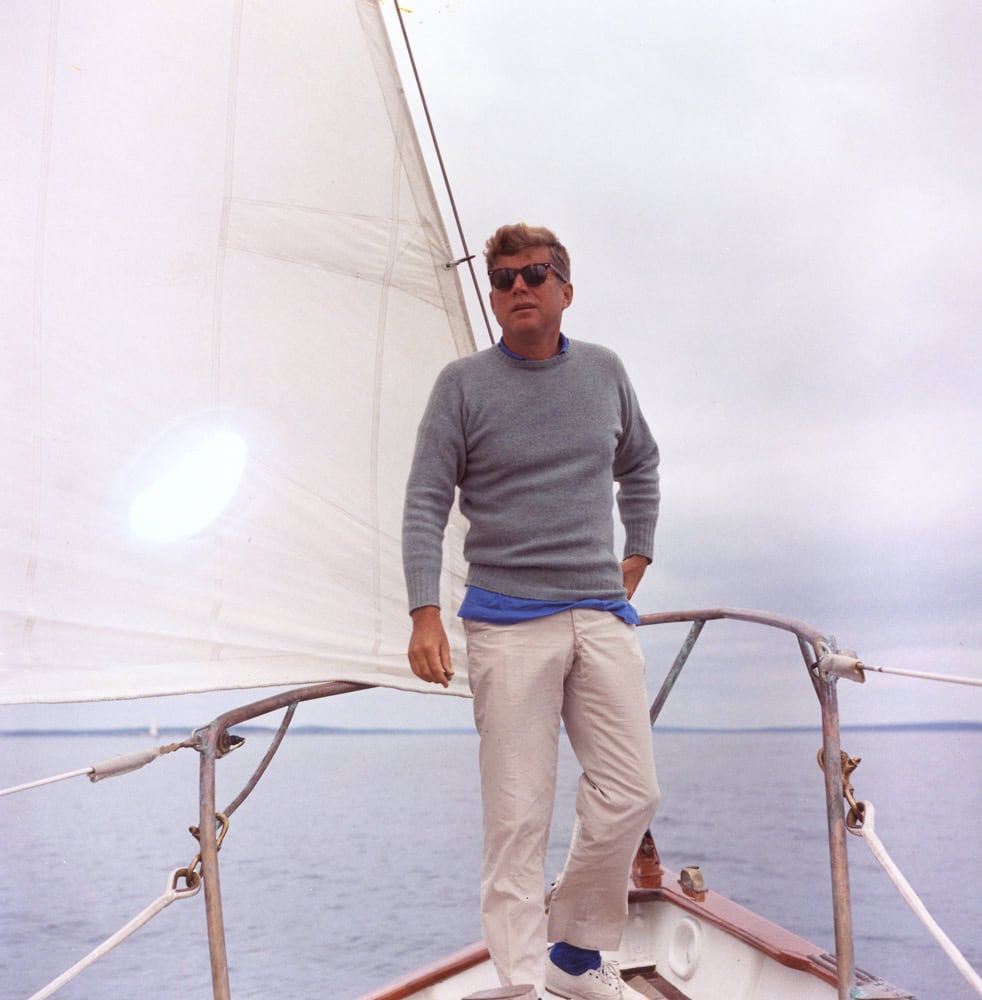 KN-C23202 11 August 1962 President Kennedy sails aboard the U. S. Coast Guard yacht "Manitou" off the coast of Maine. Please credit "Robert Knudsen, White House / John Fitzgerald Kennedy Library, Boston".