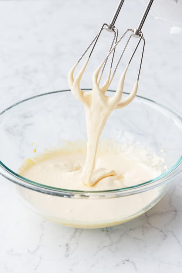 Egg yolks after beating are pale yellow and very thick.