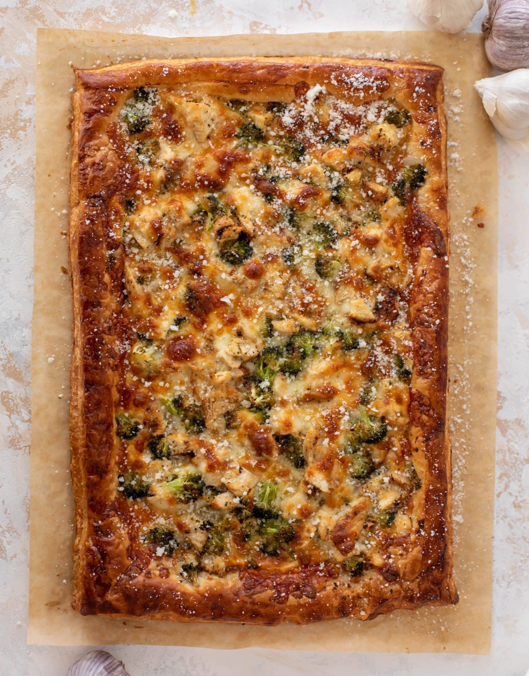 grilled chicken broccoli puff pastry pizza