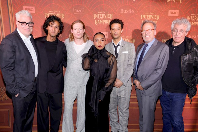 NEW YORK, NEW YORK - APRIL 30: (L-R) Rolin Jones, Assad Zaman, Sam Reid, Delainey Hayles, Jacob Anderson, Mark Johnson and Eric Bogosian attend the season two premiere screening of the AMC/AMC+ drama Anne Rice's Interview With The Vampire Season 2 Premiere Event at The McKittrick Hotel on April 30, 2024 in New York City.  (Photo by Michael Loccisano/Getty Images for AMC Networks)