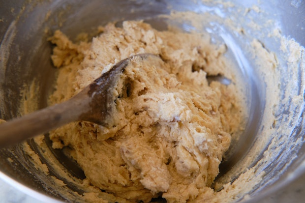 cobbler topping dough being mixed in a bowl