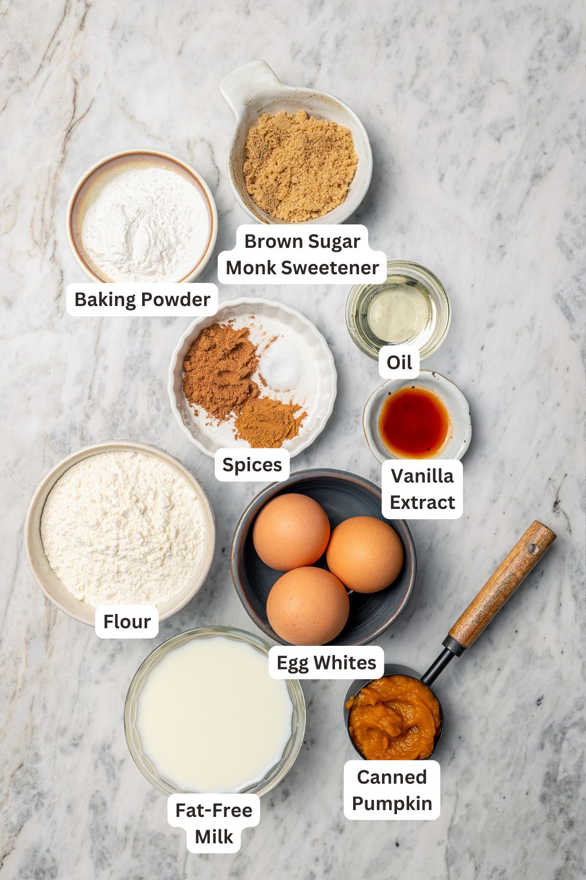 Overhead view of ingredients for pumpkin pancakes