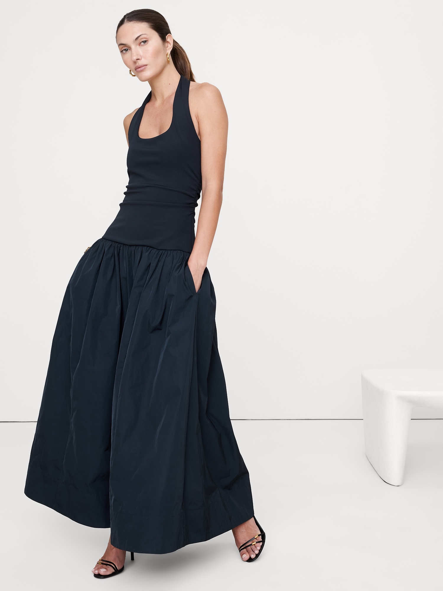 Jersey &amp; Taffeta Halter Maxi Dress