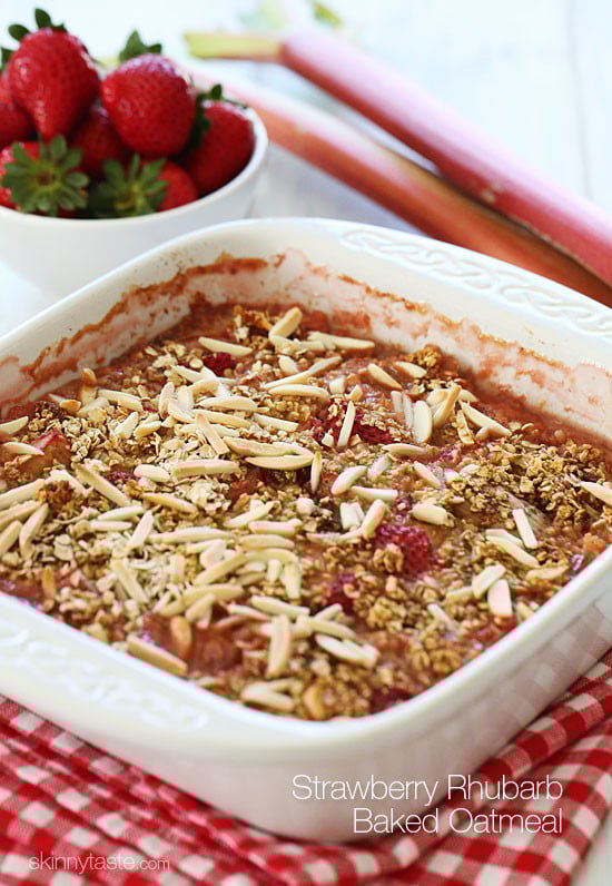 This healthy baked oatmeal with strawberries, rhubarb and slivered almonds is so good you'll almost think you are having dessert for breakfast!