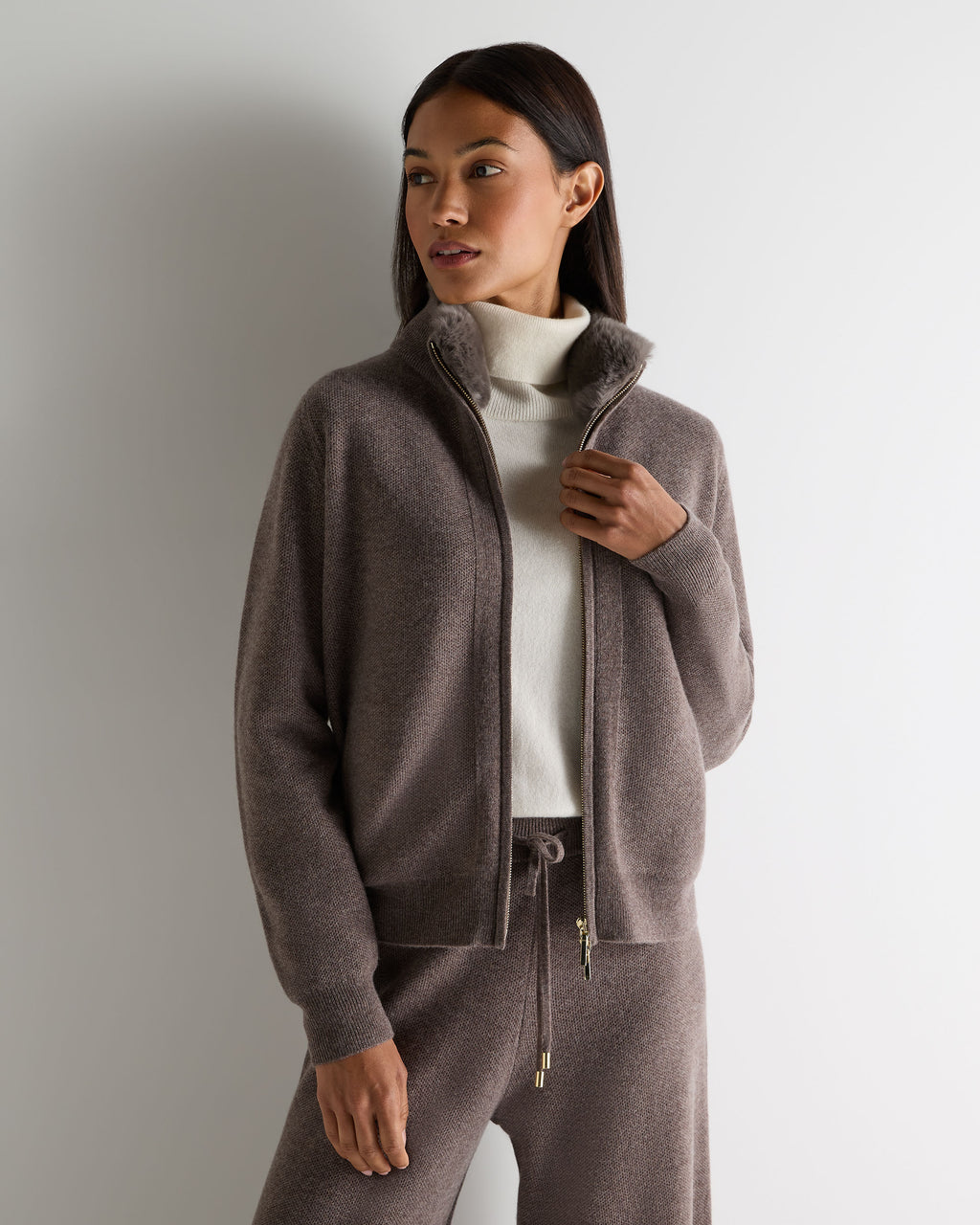Women's Honeycomb Full Zip Cashmere Jumper With Fur Trim Otter Brown
