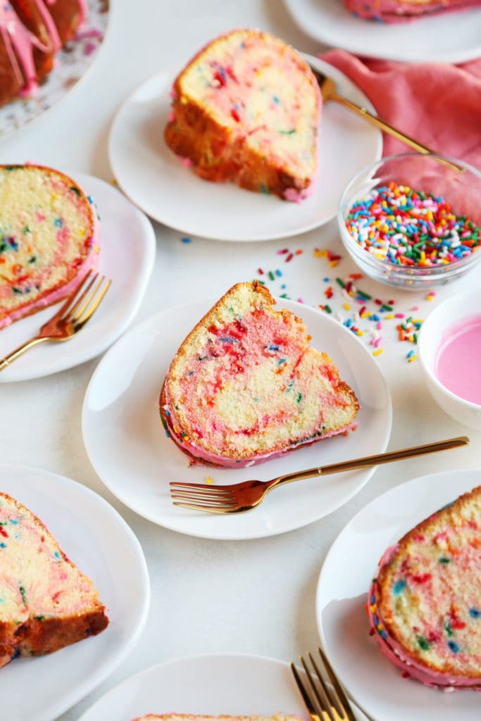 Sliced and plated funfetti cake slices.