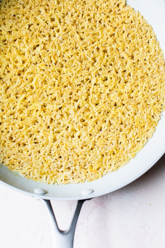 Rice pilaf in skillet.