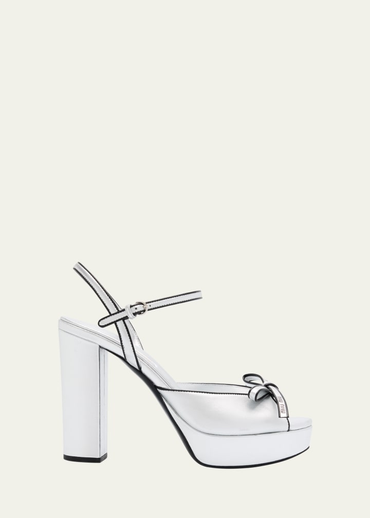 Metallic Leather Bow Peep-Toe Platform Sandals
